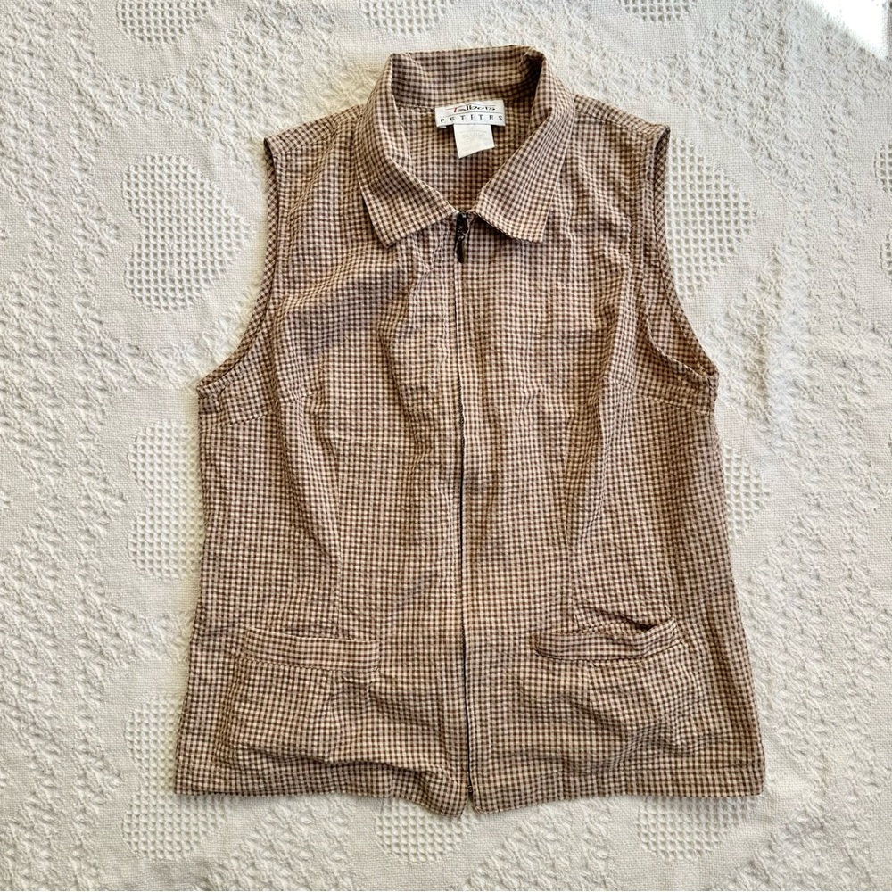 Vintage Talbots Vest Womens Petite Small Tan Gingham Collared Full Zip 90s READ